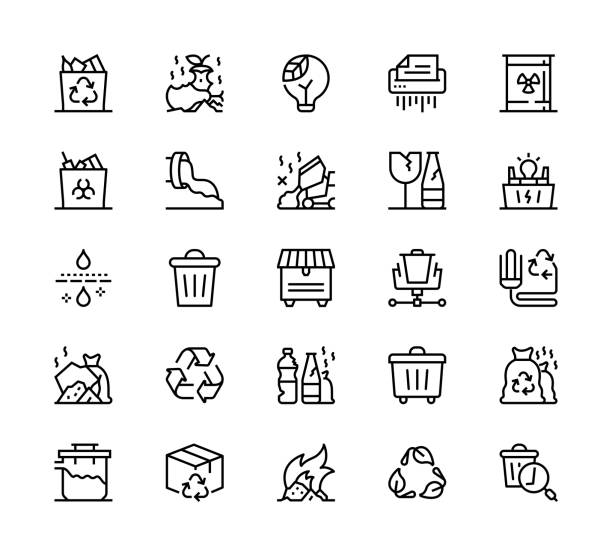 Waste and recycling icons 24 x 24 pixel high quality editable stroke line icons. These 25 simple modern icons are about waste and recycling. hazardous waste symbol stock illustrations