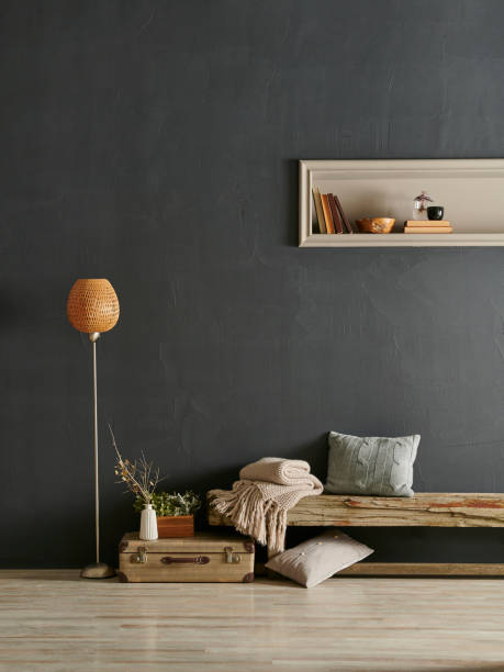 istock Modern room working table and chair with computer close up style, grey stone wall background with niche and wooden decorative bench. 1373238062
