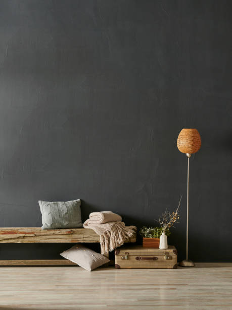 istock Modern room working table and chair with computer close up style, grey stone wall background with niche and wooden decorative bench. 1373238072