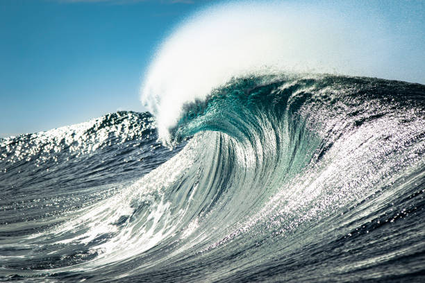 istock Cresting teal blue wave breaking hot bright light in open ocean 1373241334