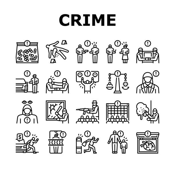 ilustrações, clipart, desenhos animados e ícones de ícones de ações ilegais de bandidos do crime definem vetor - shoplifter