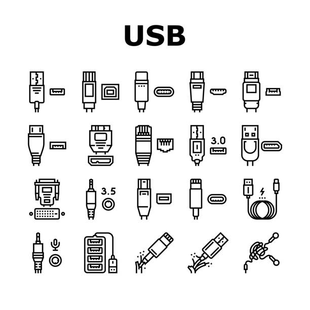 ilustraciones, imágenes clip art, dibujos animados e iconos de stock de cable usb y puerto compras iconos establecer vector - dvi