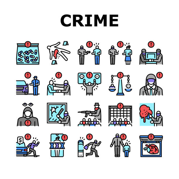 ilustrações, clipart, desenhos animados e ícones de ícones de ações ilegais de bandidos do crime definem vetor - shoplifter