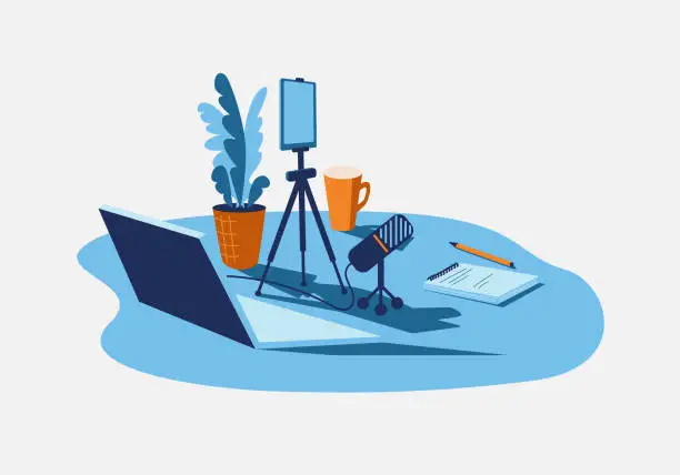 Vector illustration of Blogger workstation for live broadcast with laptop and microphone