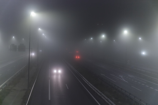 Deserted road in the fog between trees and a boudary wall