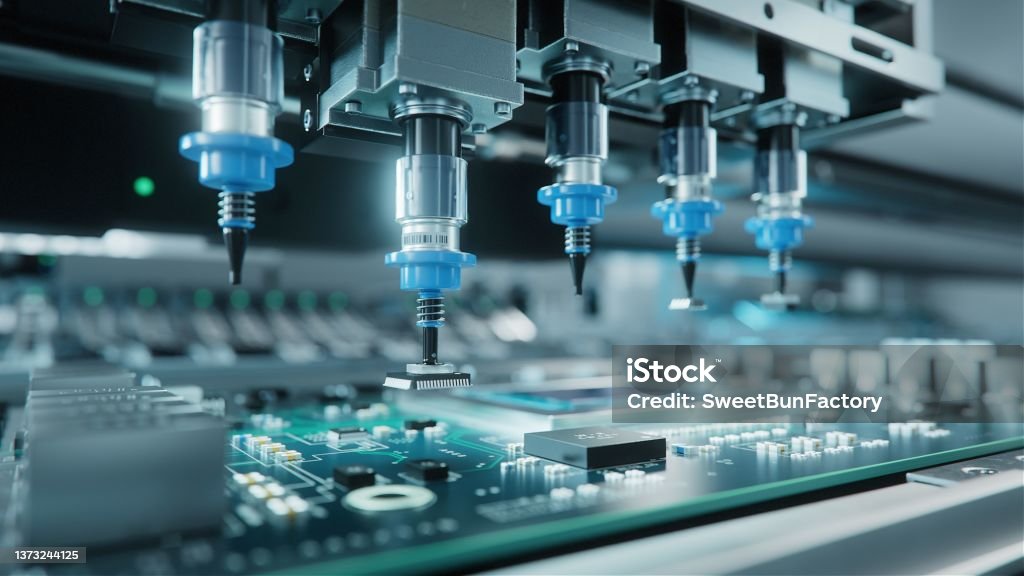 Automatic Pick and Place machine quickly installs Components on Generic Circuit Board. Electronics and Circuit board Manufacturing. Bright Environment Manufacturing Stock Photo