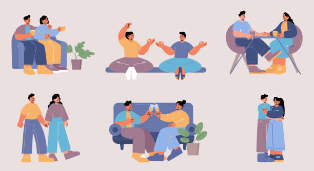 illustrazioni stock, clip art, cartoni animati e icone di tendenza di coppia romantica appuntamento, uomo e donna in amore set - yoga meeting