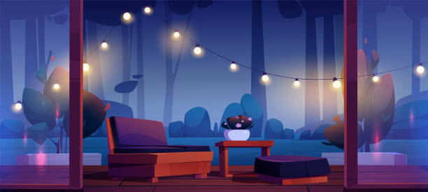 House terrace with table, couch and dark garden House terrace with table, couch, string lights and view to dark garden at night. Vector cartoon illustration of wooden veranda with glass walls and forest or park landscape with trees at evening backyard background stock illustrations