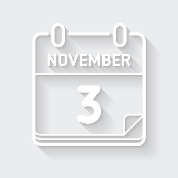 ilustraciones, imágenes clip art, dibujos animados e iconos de stock de 3 de noviembre. icono con sombra larga sobre fondo en blanco - diseño plano - calendar november month three dimensional shape