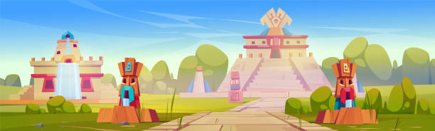 Aztec city with pyramid and statues mayan landmark Aztec city with pyramids and statues, mayan travel landmark with stone monuments on green field. Temple of Kukulkan or El Castillo Pyramid in Chichen Itza scenic landscape, Cartoon vector illustration maya temple stock illustrations
