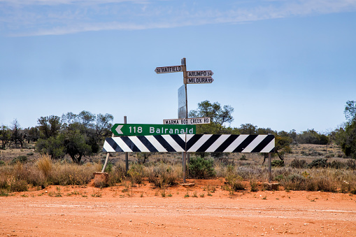 Directions and distances information sign post in Lake Mungo national park of Australian outback unsealed road area.