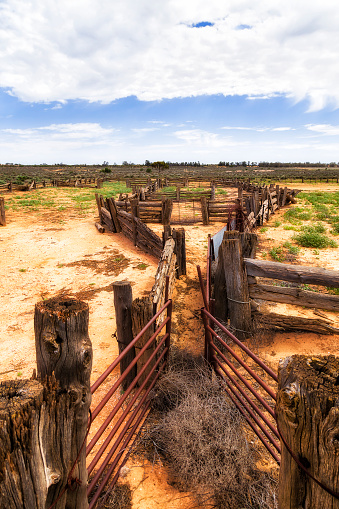 Sheep yard near historic old wool shed in Lake Mungo of remote australian outback.