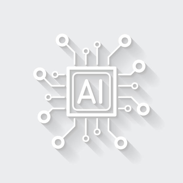 prosesor dengan kecerdasan buatan ai. ikon dengan bayangan panjang pada latar belakang kosong - desain datar - artificial intelligence ilustrasi stok