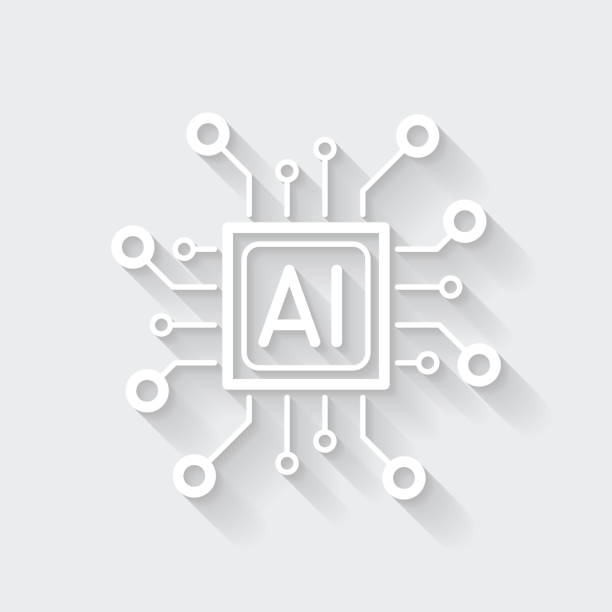 Processor with artificial intelligence AI. Icon with long shadow on blank background - Flat Design White icon of "Processor with artificial intelligence AI" in a flat design style isolated on a gray background and with a long shadow effect. Vector Illustration (EPS10, well layered and grouped). Easy to edit, manipulate, resize or colorize. Vector and Jpeg file of different sizes. electric circuit symbols stock illustrations