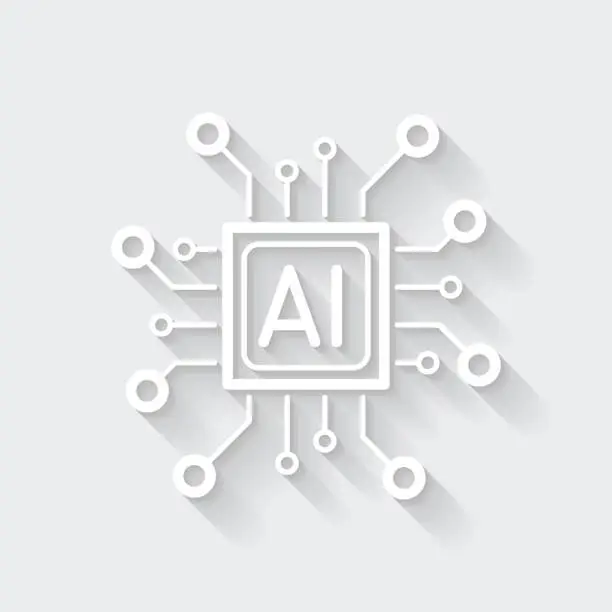 Vector illustration of Processor with artificial intelligence AI. Icon with long shadow on blank background - Flat Design