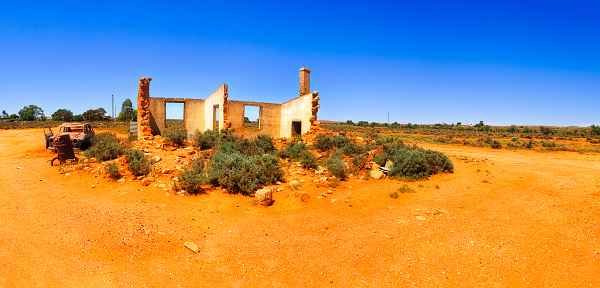 Ruins of old brick house on yards of ghost town Silverton in outback Australia near Broken hill.