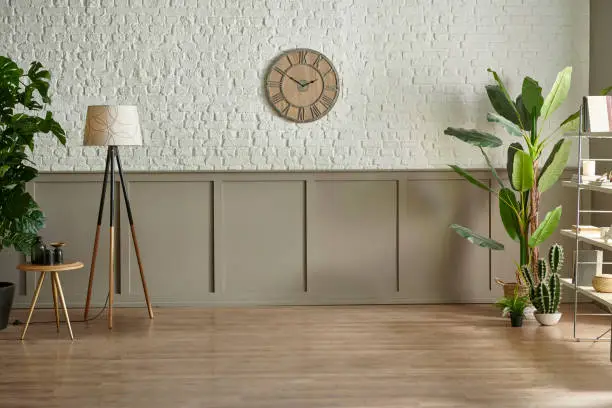 Photo of Room wall concept, brick and classic style, clock armchair lamp and green plant botanic interior decor, brown parquet and carpet.