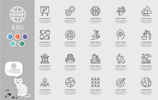 esg-, umwelt-, sozial- und governance-liniensymbole content-infografik - efficiency finance computer icon symbol stock-grafiken, -clipart, -cartoons und -symbole