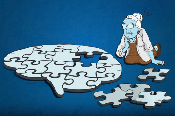 Alzheimer's Disease The senior woman can't find the missing piece of the brain puzzle. (Used clipping mask) sad old woman stock illustrations