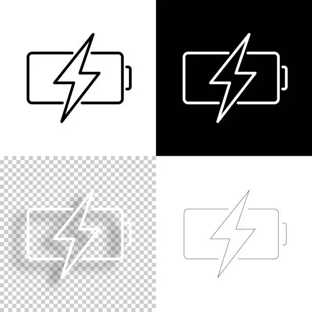 Vector illustration of Battery charging. Icon for design. Blank, white and black backgrounds - Line icon