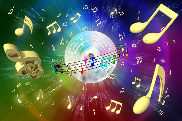 3D illustration. Musical pentagram revolves around compact discs. In the background the universe full of musical notes.