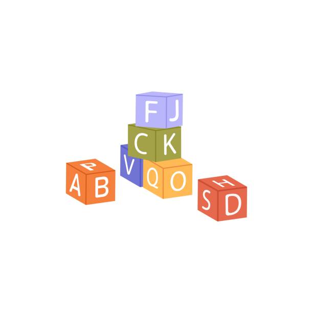 Kids building blocks with alphabet, english letters. Wood ABC cubes, dices for babies, preschool children education, game and playing. Flat vector illustration isolated on white background Kids building blocks with alphabet, english letters. Wood ABC cubes, dices for babies, preschool children education, game and playing. Flat vector illustration isolated on white background. word game stock illustrations