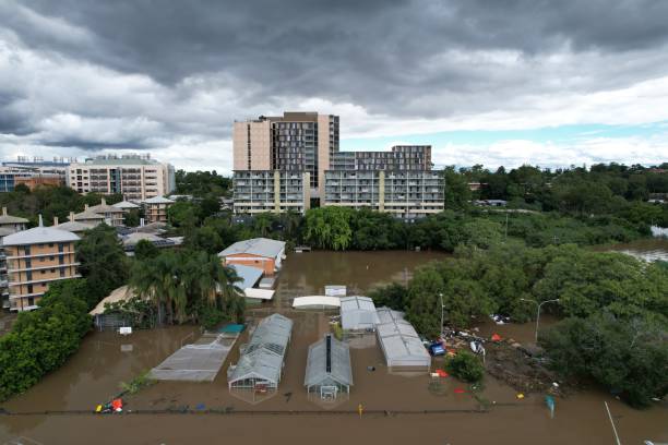 Aerial photo of Brisbane 2022 Flood around UQ Saint Lucia Aerial photo of Brisbane 2022 Flood around UQ Saint Lucia queensland floods stock pictures, royalty-free photos & images