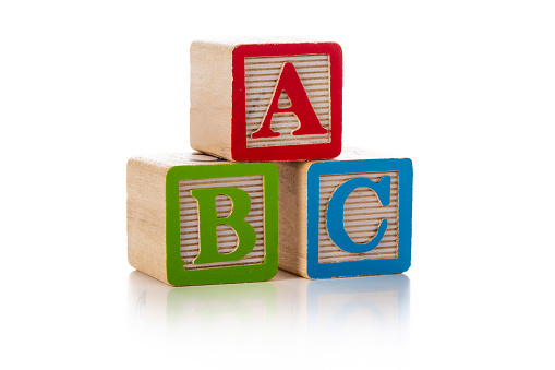 Front view of a group of wooden block shapes with A B C letters isolated on white background