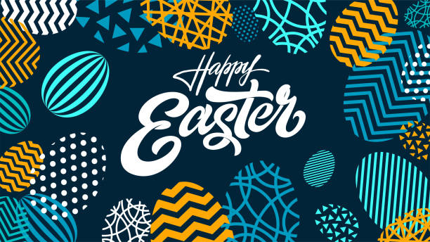 stockillustraties, clipart, cartoons en iconen met happy easter typography on abstract background with egg shaped geometry. colorful vector wallpaper with lettering, calligraphy for spring holiday, greeting card. - pasen