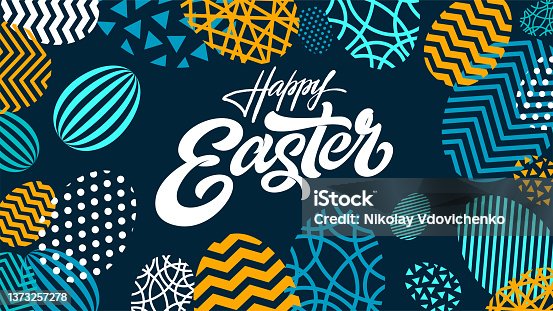 istock HAPPY EASTER typography on abstract background with egg shaped geometry. Colorful vector wallpaper with lettering, calligraphy for spring holiday, greeting card. 1373257278
