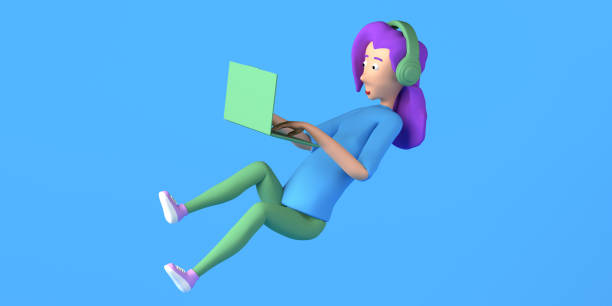 istock Floating woman working with a laptop computer. Freelance. Copy space. 3D illustration. Cartoon. 1373258118