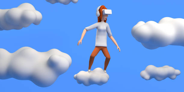 istock Woman using virtual reality goggles flying over a cloud in the metaverse.  3D illustration.  Copy space. 1373258994