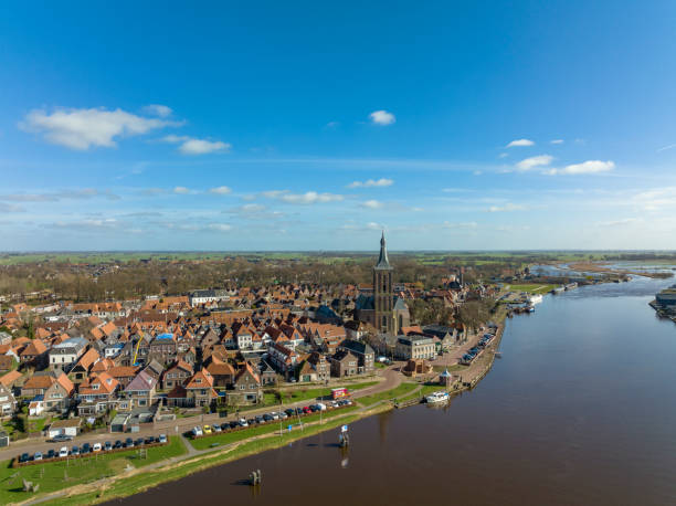 hasselt drone view on the riverbank of the zwarte water - grass church flood landscape imagens e fotografias de stock