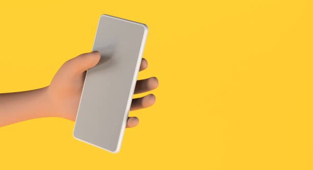 istock Cartoon hand holding a smartphone with blank empty screen for mockup. 3D illustration. Copy space. 1373259026