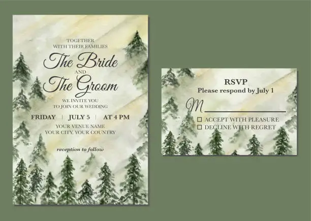 Vector illustration of Hand painted of watercolor misty pine forest as wedding invitation template.