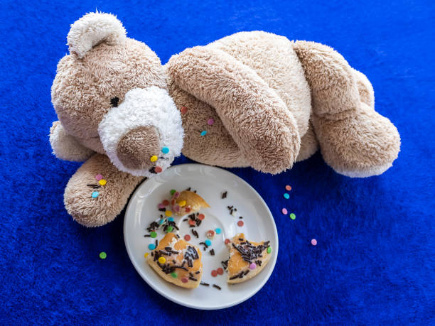 Overeaten teddy bear lying near plate with doughnut leftovers. Overeating and  obesity  concept.