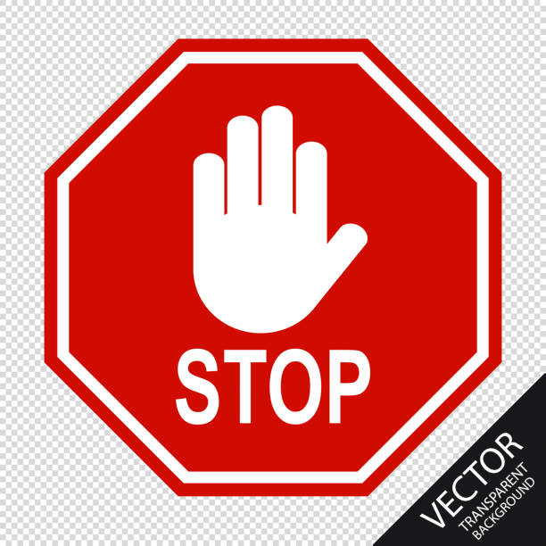 rotes stoppschild und handzeichen - vektorillustration isoliert auf transparentem hintergrund - stoppschild stock-grafiken, -clipart, -cartoons und -symbole