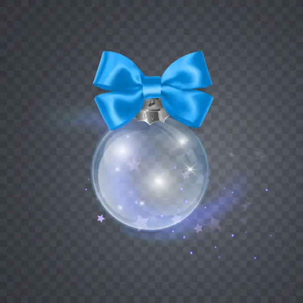 Vector illustration of Christmas glass ball with Blue bow on transparent, vector format