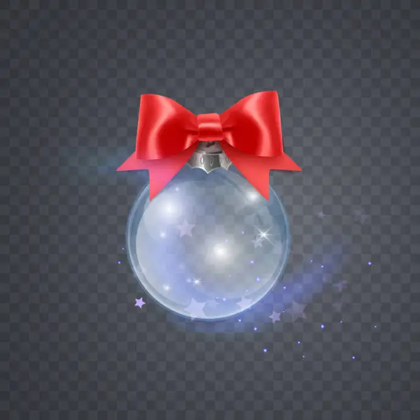 Vector illustration of Christmas glass ball with red bow on transparent, vector format