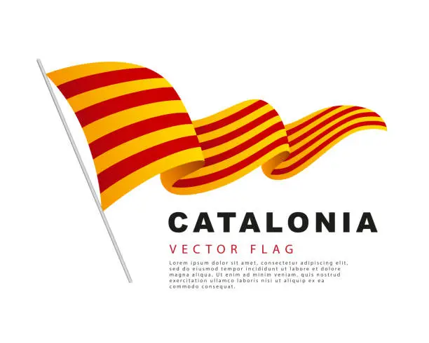 Vector illustration of The flag of Catalonia hangs on a flagpole and flutters in the wind. Vector illustration isolated on white background.