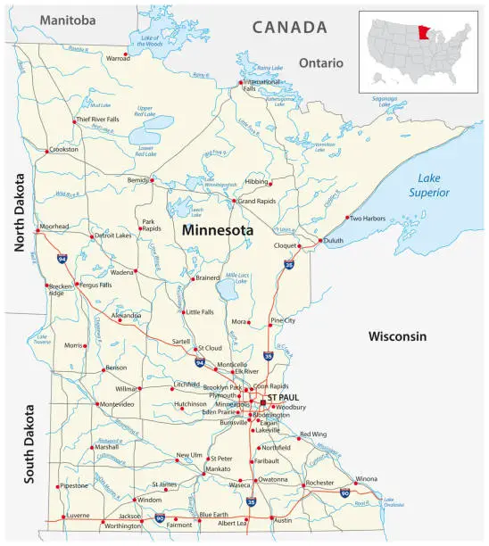 Vector illustration of road map of the US American State of Minnesota