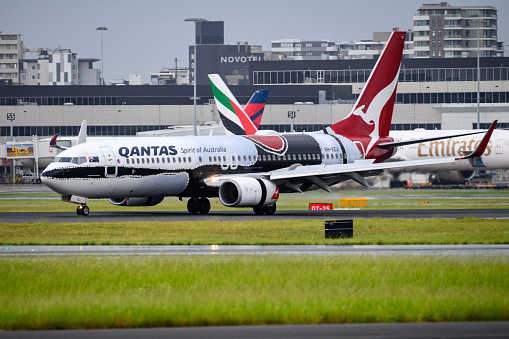 Sydney  Airport, Australia – February 22 2022Qantas Airlines Boeing B737 landing