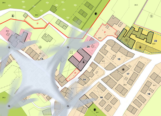 istock Top view of an imaginary General Urban Plan with buildings, roads, land parcel and a drone taking an aerial photograph - note: the map is totally invented and does not represent any real place 1373264676