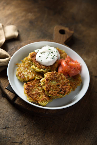 istock Potato pancakes or lakes with salmon 1373264903