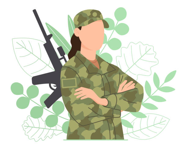 illustrazioni stock, clip art, cartoni animati e icone di tendenza di donna in abiti militari su uno sfondo di foglie verdi con un'arma. giovane ragazza in abito da soldato dell'esercito. illustrazione vettoriale - uniforme militare