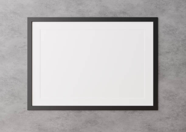 istock Blank, black horizontal picture frame hanging on concrete wall. Template, mock up for your picture or poster. Copy space. 3D rendering. 1373266339