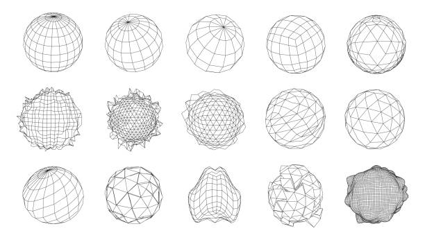 ilustrações de stock, clip art, desenhos animados e ícones de a set of spheres from a wireframe mesh. collection of spheres for use in hud design. network line concept. - striped mesh abstract wire frame