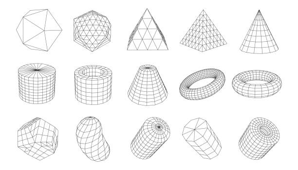 와이어프레임의 기하학적 모양 집합입니다. hud 디자인에 사용할 기타 개체 컬렉션입니다. 네트워크 라인 개념입니다. 창조적 추상 적 기하학적 모양. 벡터 그림입니다. - cylinder stock illustrations