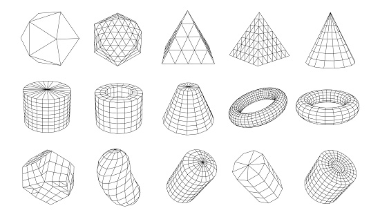 A set of geometric shapes from a wireframe. A collection of miscellaneous objects for use in HUD design. Network line concept. Creative abstract geometric shapes.