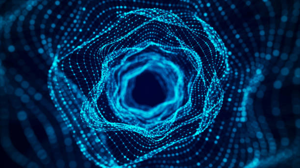 istock Abstract dynamic wireframe tunnel on blue background. Deep wavy wormhole. Futuristic particle flow. 3d rendering. 1373267268